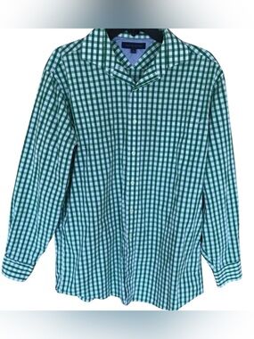 Tommy Hilfiger Green White Gingham Button Down Shirt Regular Fit Mens 16 34/35